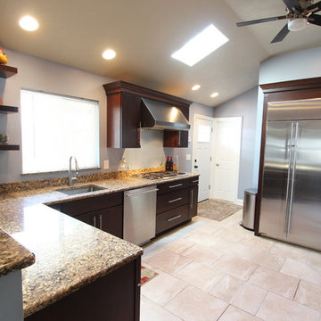 Transitional Cherry Kitchen with Tempered Rain Glass Backsplash