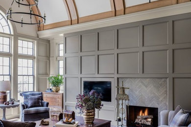 Large beach style open concept living room photo in Boston with gray walls and a standard fireplace