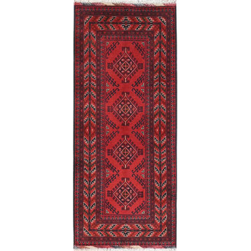 Imperial Red Afghan Andkhoy Wool Hand Knotted Runner Oriental Rug, 2'9"x6'4"