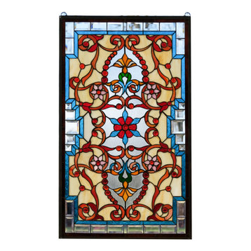 25" x 18" Victorian Motif Stained Glass Window Panel W/ Chain 