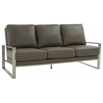 LeisureMod Jefferson Modern Faux Leather Sofa With Silver Frame, Gray