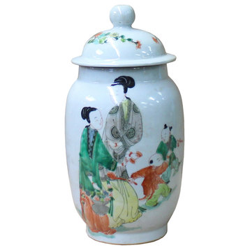 Chinese Distressed Off White Porcelain People Scenery Round Jar Hws1077