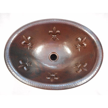 19" Oval Copper Bathroom Sink with Fleur de Lis Design in Rustic Aged Copper