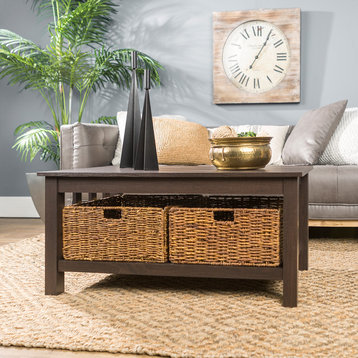 40" Wood Storage Coffee Table With Wicker Totes, Espresso