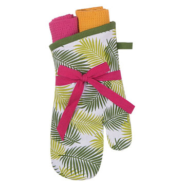 Paradise Palm Fronds Kitchen Oven Mitt and Towels Gift Set Three Piece