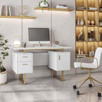 Techni Mobili Modern Office Desk With Drawers and Storage, Gold