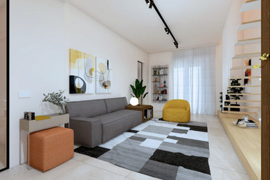 Ispirazione per un soggiorno minimalista di medie dimensioni e aperto con pareti bianche, pavimento in gres porcellanato, TV a parete e pavimento beige