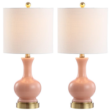 Cox 22" Glass and Metal Led Table Lamp, Set of 2, Light Coral and Brass Gold