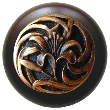 Tiger Lily Wood Knob, Antique Brass, Dark Walnut Wood Finish, Antique Copper