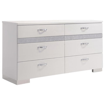 Modern Double Dresser, 6 Drawers and 2 Hidden Jewelry Drawers, Glossy White