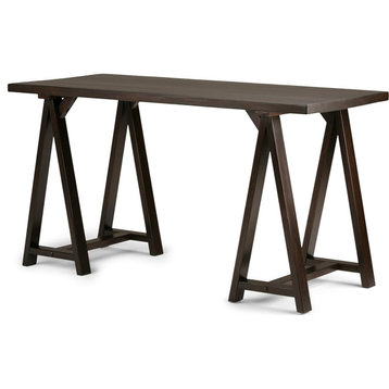 Industrial Desk, Rectangular Pine Top and Sawhorse Supports, Distressed Grey