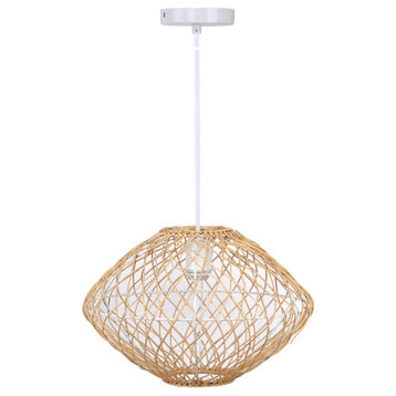 1-Light Boho-Inspired Natural Rattan Pendant Light With Matte White Accents