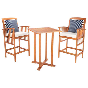 3 Pieces Patio Bistro Set, Square Table & Padded Stool With Ladder Back, Natural