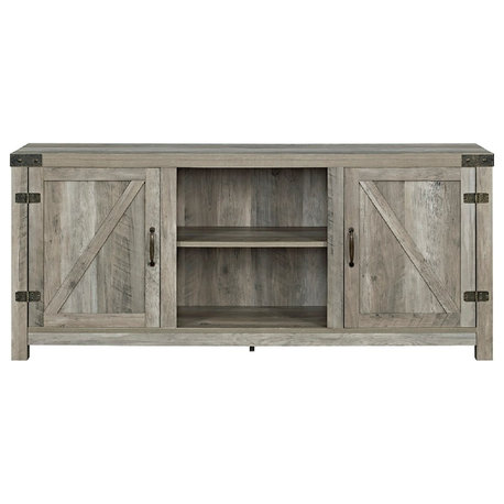 58" Farmhouse TV Stand With Barn Door Side Doors, Gray