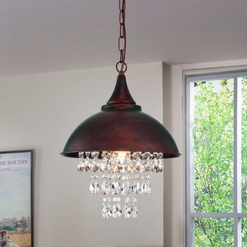 1-Light Antique Copper Dome Modern Farmhouse Pendant With Hanging Crystals Glam