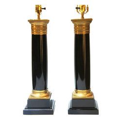 Pair of French Gilt Bronze Black Lacquer Column Form Table Lamps - Columns And Capitals