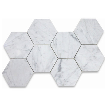 5" Hexagon Carrara White Venato Carrera Marble Mosaic Tile Polished, 1 sheet