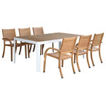 International Home Miami - Amazonia Canada Rectangular 7-Piece Eucalyptus Dining Set - The Amazonia Teak and Eucalyptus sophisticated line combines quality, style, and comfort. Crafted of high quality teak (Tectona Grandis), this modern furniture collection will make an immediate impact in your patio.This 7 Piece Patio Dining Set is the perfect match for every patio and will give your backyard the class and elegance for outdoor dining. This set combines luxury, beauty, comfort, and an affordable price. The chairs are made from High Quality Eucalyptus Wood (Eucalyptus Grandis). The table's frame is made from aluminum with a white coating. While the table top consists of Durawood� in a teak finish which is built to last a lifetime. Its unique blend of high quality eucalyptus sawdust and polyethylene resin creates a strong, durable product that will last a lifetime in the outdoor environment. This contemporary set is primarily designed for outdoor purposes but can also be used indoors giving your home a modern touch. Durable and well-designed construction is key components of this great patio set. Stacking Armchair Dimensions: 23L x 23W x 36H. Table Dimensions: 82L x 41W x 30H.