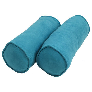 20"X8" Double-Corded Solid Microsuede Bolster Pillows, Set of 2, Aqua Blue