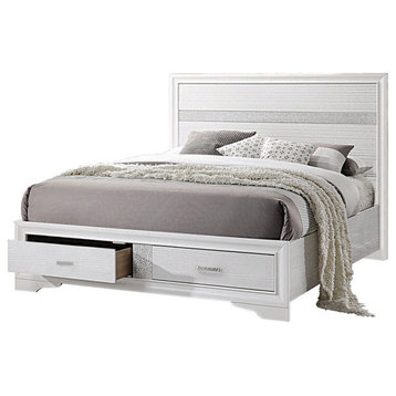 Benzara BM216148 Eastern King Bed with Drawers and Glittering Stripes, White