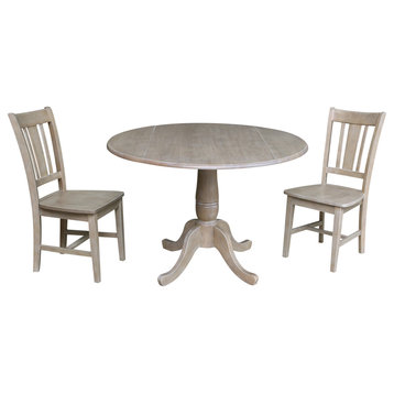42" Round Top Pedestal Table with 2 Chairs, Washed Gray Taupe