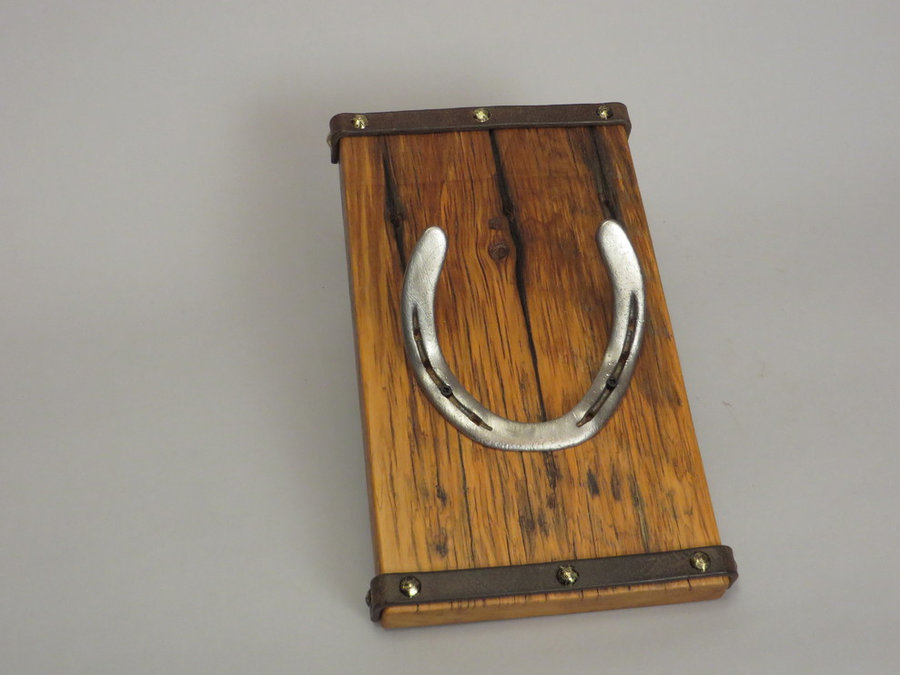 #R15031 Coat Rack Reclaimed Ambrosia Maple, horseshoes, leather.