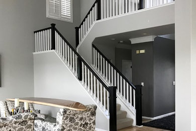 Inspiration for an eclectic open concept light wood floor living room remodel in Denver with gray walls