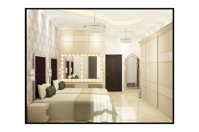 Imagen de dormitorio principal moderno grande con paredes beige, suelo de mármol y suelo beige