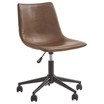 Metal Swivel Chair With Faux Leather Upholstery & Adjustable Seat, Brown & Black