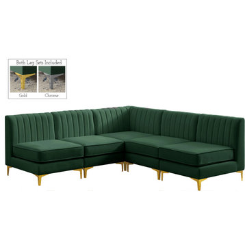Alina Velvet Upholstered 5-Piece L-Shaped Modular Sectional, Green