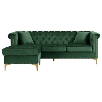 Chesterfield L-Shaped Sofa, Golden Legs With Rolled Arms & Velvet Seat, Green
