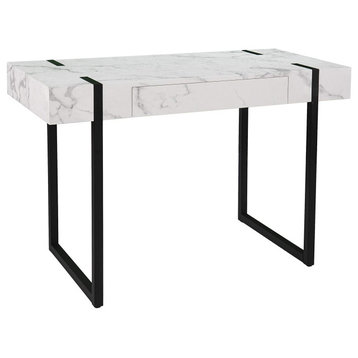 Contemporary Desk, Sleek Legs and Faux Marble Desktop With Storage Drawer