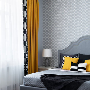 Mid-sized transitional master bedroom in Moscow with grey walls, laminate floors and beige floor.