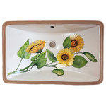 IdahoMud - Sunflower Undercounter Handpainted Sink with Accent Tile - This bright and cheerful sink will bring a smile to anyone using it.  Sunflowers  are handpainted with fired glazes on this under-counter mount sink with 6 matching handpainted 13" X 4.25" X .25" (standard white Dal-Tile) to create the perfect accent for your bathroom.