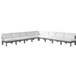 Meridian Furniture - Nizuc Water Resistant Patio L-Shaped Modular Sectional, White, 9-Piece: 8 Armless Chair, 1 Corner Chair, Dark Gray Aluminum Frame - Pick and choose your favorites from the Nizuc collection to create a modular seating group the whole gang will enjoy. The sturdy aluminum frame provides dependable support for friends and family as they relax and unwind, and the resilient white water resistant fabric stands up to the elements without losing its beautiful demeanor, so you can count on it lasting for the long haul. Latches beneath these seating pieces help you easily attach them to one another for convenient setup.