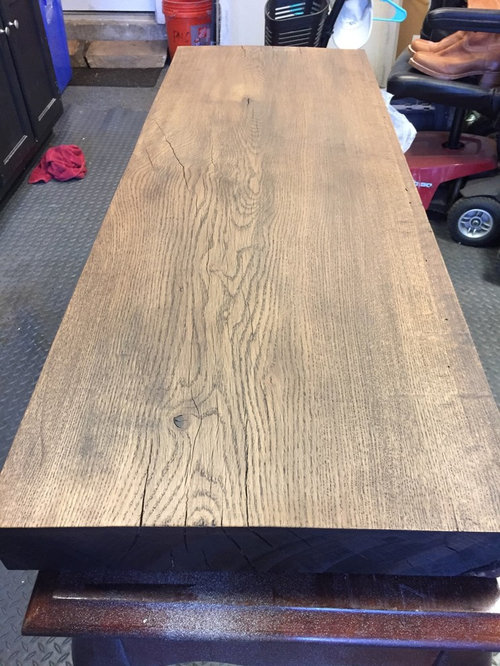 sealing wood vanity top in open shower bathroom