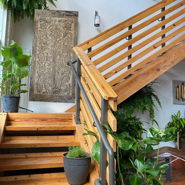 Rustic Modern Coastal: Carved Doors in Raw Woods with a Pop of Color