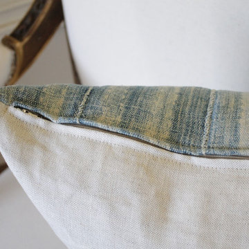 Pair of Faded Blue African Mudcloth Patchwork Pillow Shams with Fringe
