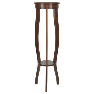 Round Pedestal Stand With Open Bottom Shelf And Flared Legs, Brown