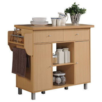 Pemberly Row Contemporary Wood Kitchen Cart w/Spice Rack & Towel Holder in Beige