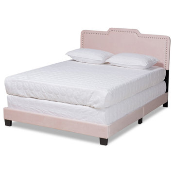 Benjen Glam Light Pink Velvet Fabric Upholstered Queen Size Panel Bed