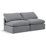 Meridian Furniture - Indulge Upholstered Modular Sofa, Grey, 2-Piece: 2 Armless Chair, Down Stuffed Velvet - Experience ultimate comfort and style with our grey velvet Indulge Sofa. The luxurious velvet will elevate the aesthetic of any room. This sofa provides ample space for you to relax while its modular build offers the option of unlimited configurations. Whether you're looking to add a stylish element to your living room or a comfortable seating option to your bedroom, this sofa is the perfect choice.