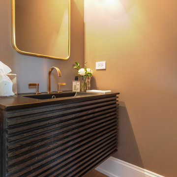 Modern Powder Room with Fluted Walnut Vanity, Brass Fixtures, and Warm Blush Wal