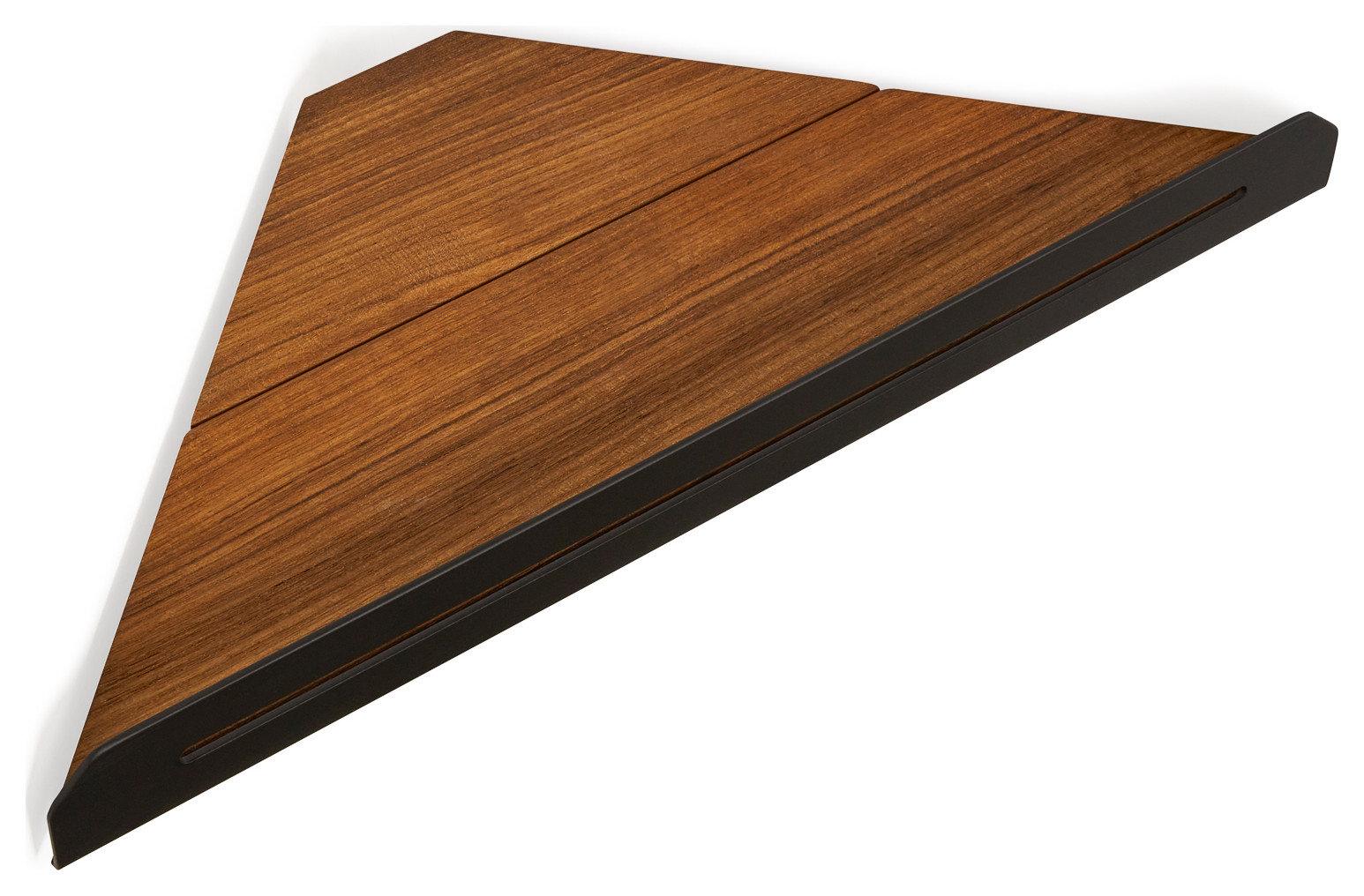 Floating Corner Shower Shelf With Natural Teak Wood, Matte Black