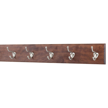 Solid Wood Wall Coat Rack, Satin Nickel Hooks, Mahogany, 25.5"x4.5", 5-Hooks