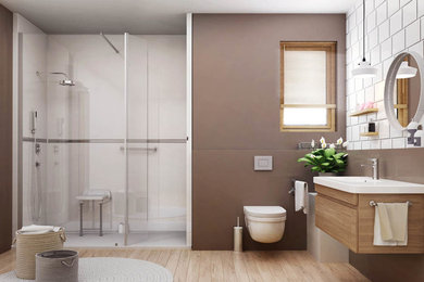 Cette image montre une salle d'eau design en bois clair de taille moyenne avec un placard avec porte à panneau encastré, une douche à l'italienne, WC suspendus, un carrelage marron, des carreaux de céramique, un mur marron, un sol en carrelage de céramique, un plan vasque et un plan de toilette en surface solide.