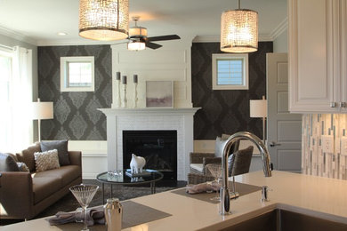Living room - mid-sized transitional formal and open concept dark wood floor living room idea in Cedar Rapids with gray walls, a standard fireplace, a tile fireplace and no tv