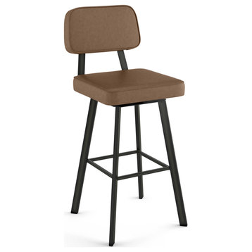 Amisco Clarkson Swivel Counter and Bar Stool, Brown Faux Leather / Dark Brown Semi-Transparent Metal, Bar Height