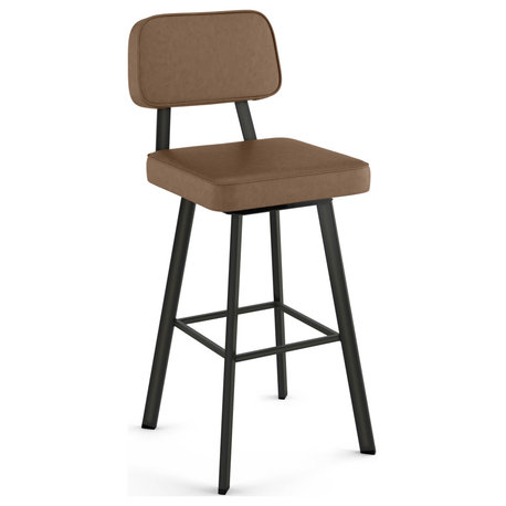 Amisco Clarkson Swivel Counter and Bar Stool, Brown Faux Leather / Dark Brown Semi-Transparent Metal, Bar Height