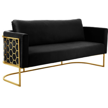 Casa Velvet Upholstered Sofa, Black, Gold Finish
